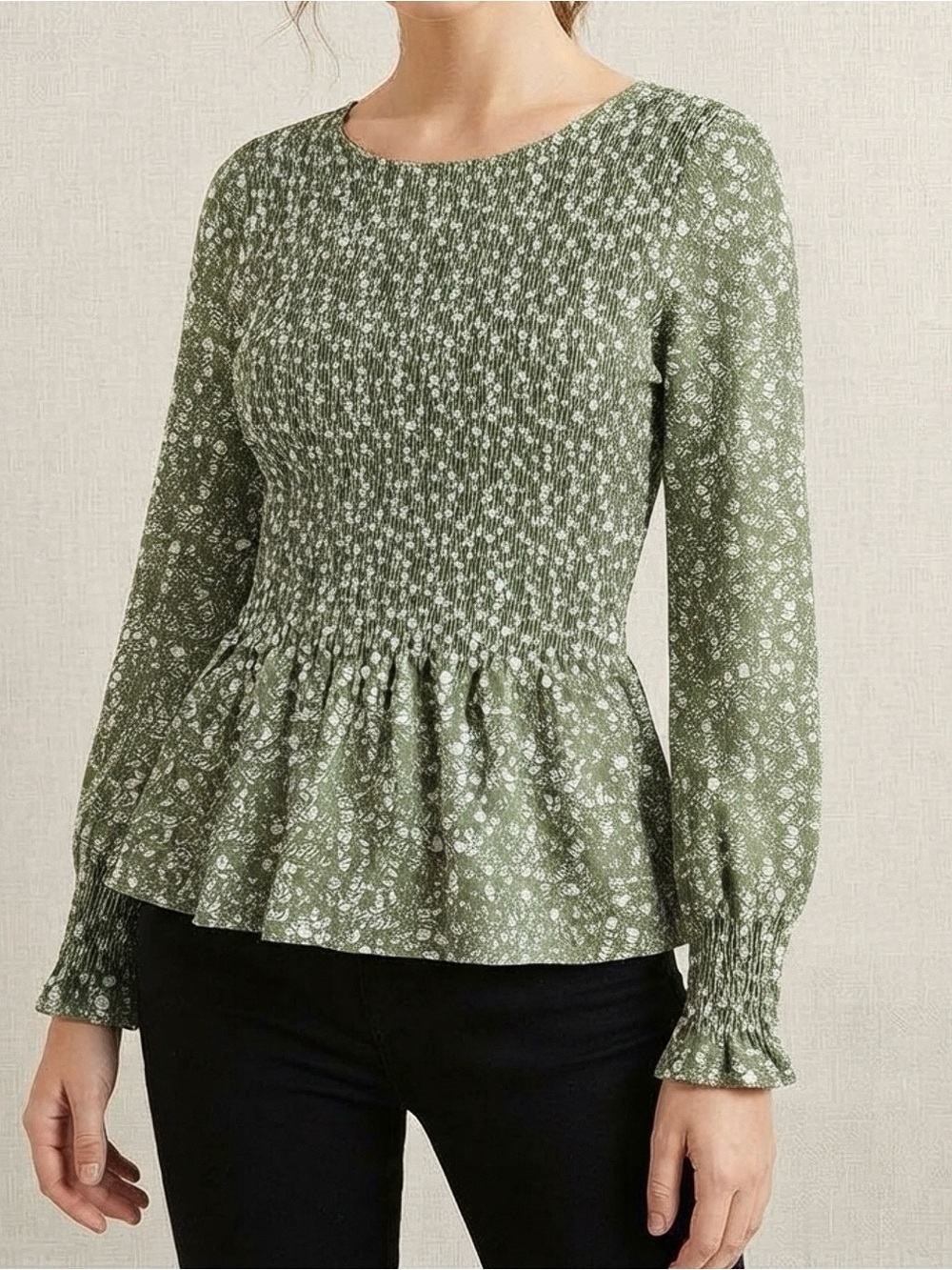 Smocked Peplum Floral Blouse in Olive Green
